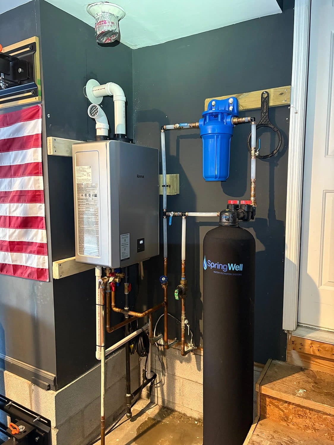 Rinnai tankless water heater and SpringWell whole-house filtration system installed by Simply Plumbing
